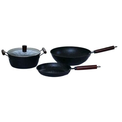 3 Piece Non-Stick Saucepan, Frying Pan, Wok Cookware - Black .