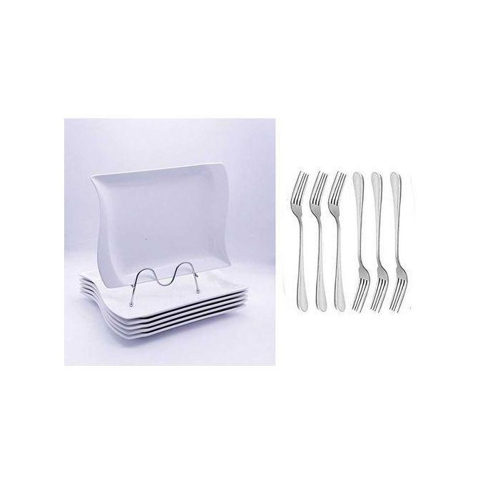 6 Pieces Set Of Elegant Square Dinner Plates With Free 6 Forks- White