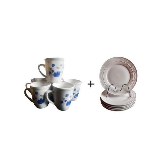 Ceramic 6 Plates With 6 Ceramic Cups/Flower Varies-White