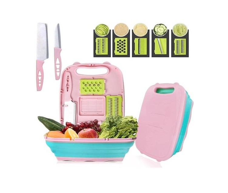Camping Cutting Board, 9-In-1 Multi Collapsible Cutting Board with Colander, Kitchen Vegetable Washing Basket,Cutting Boards For Kitchen Drainer Fruit Slicer Grater For Campers, Picnic, BBQ- Multicolo