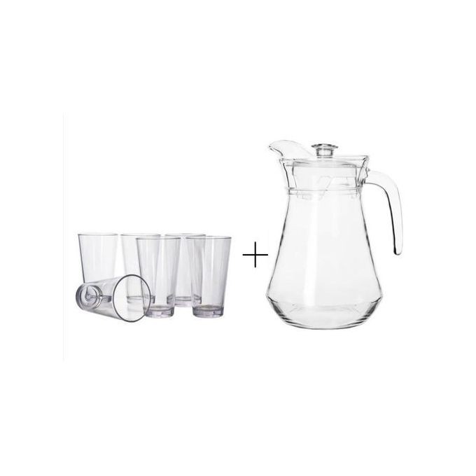 Glass Jug Plus 6 Simple Drinking Glasses-Transparent