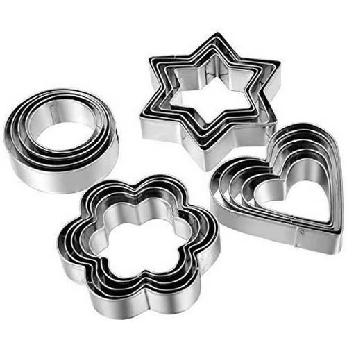 12 Piece, 4 Shape Stainless Steel Cookie Cutters - Silver.