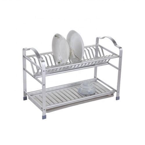 Aluminum Double Dish Drying Draining Rack Storage - Silver