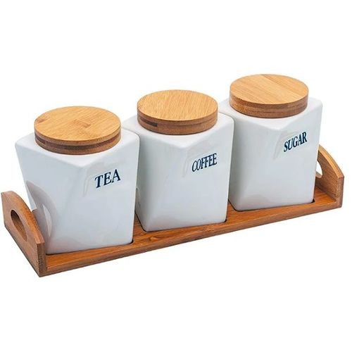 Ceramic Twisted Tea Coffee Sugar 3 Canisters Set With Wooden Wavey Stand Tray & Bamboo Lid Condiment Airtight Jars Set- White.