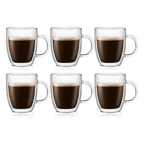 6 Piece Double Wall Glass Coffee Mugs Set with Handle, 8oz Tea Cups, Clear Glass Drinkware for Espresso, Cappuccino, Latte, Hot Beverages