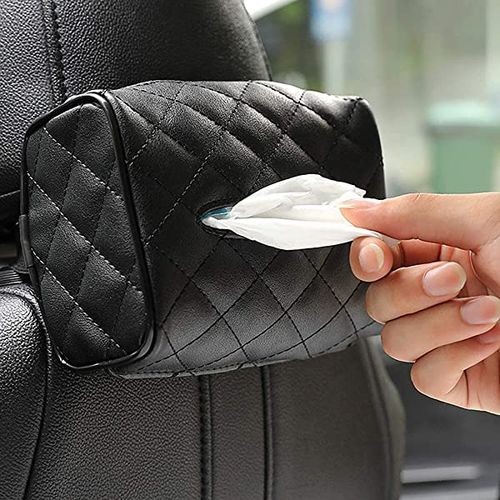 Car Accessories Armrest Tissue Holder Leather Napkin Cover Backseat Paper Box- Black.