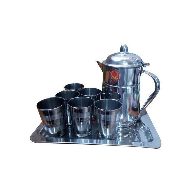 Set Of 6 Tumblers 1 Stainless Steel Tray And 1 Jug/Designs Vary-Silver