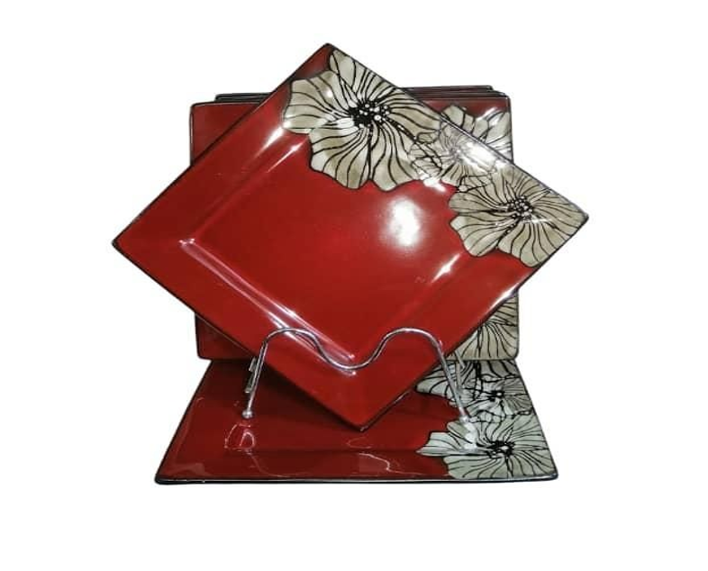 6 Pieces of Squre Silver Flowered Food Serving Dinner Plates Platter- Red