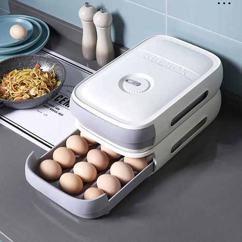1Pc 20 EggTray Storage Box Auto Scrolling Drawer Holder Stackable Container With Fresh-Keeping Mark For Kitchen Can- Multi-colour
