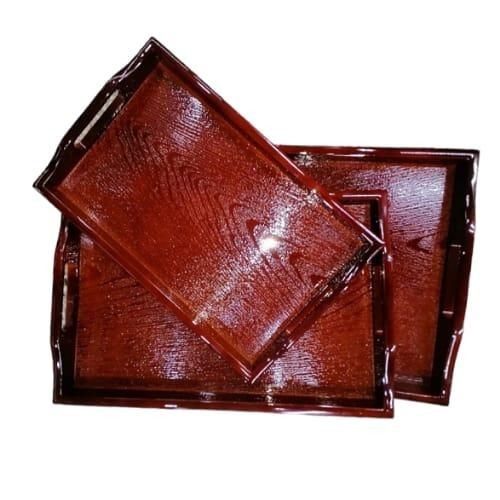 Pack of 3 Rectangular Plastic Trays, Kitchen Decorative Platters, Tea Serving Plate, Wooden Pattern Food Tray With Handles for Kitchen, Dining Room, Cafe- Brown