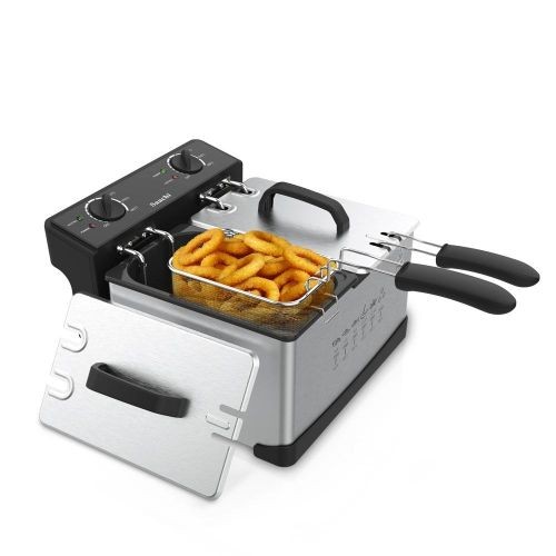 Saachi 6 Litre Automatic Commercial 3L+3L Double 2 Basket Stainless Steel Electric Deep Fryer Countertop Frying Pan For Chicken Chips French Fries Home Kitchen Restaurant Food Cooker- Silver