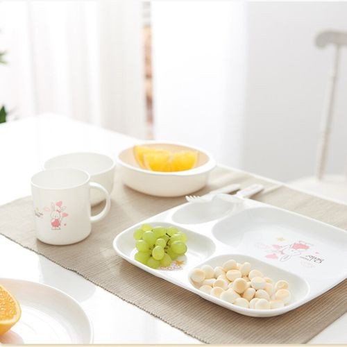 Children Tableware Dinner Set 6 in 1 Feeding Series Plate Cup Bowl Spoons Tray Gift Pack- White