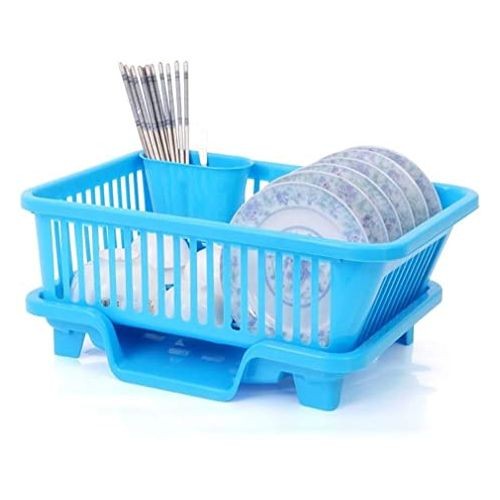 Sink Side Dish Kitchen Drying Rack Drainer Board Dish Holder And Tray Set For Glasses Plates Cups- Blue.