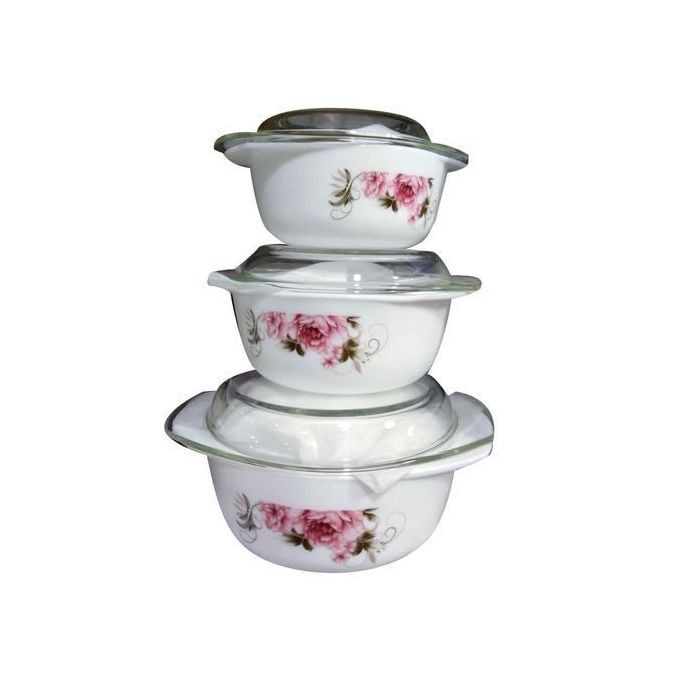 3 Pieces Set Of Ceramic Opal Dishes With Glass Lids - White/Flower May Vary