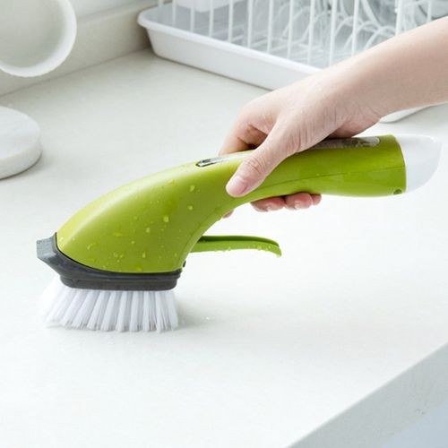 Kitchen Cleaning Brush Handheld Water Spray Scrub Brush Dish Brush With Handle- Green