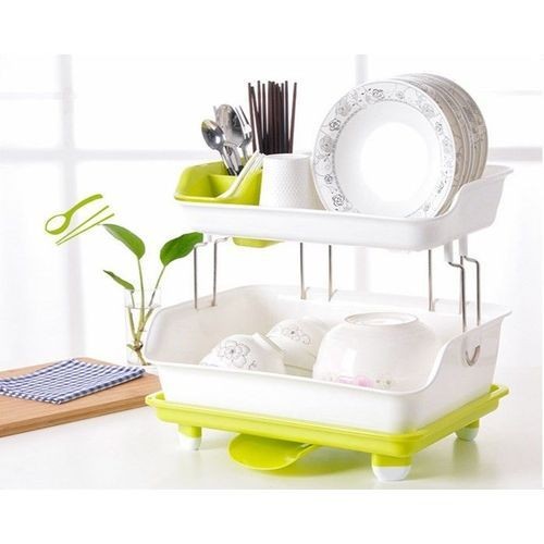 2 Layer Plastic Dish Drying Draining Rack Storage Tray- Green