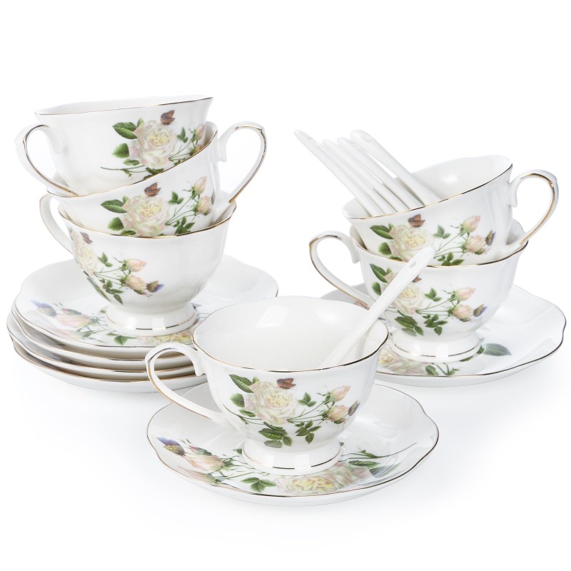 12 Pieces Set Of Elegant Ceramic Cups And Saucers Different Flower Design-White