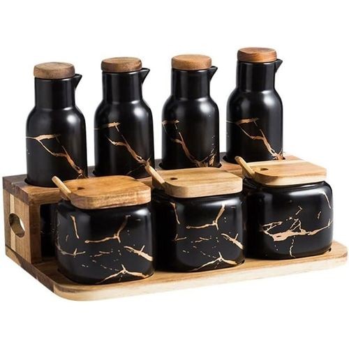 Condiment Container Seasoning Chill And Tomato Sauce Bottles Spice Pot Ceramic Seasoning Box Set Sugar Coffee Tea Bowls With Spoons Bamboo Cover Lids And Rack Suitable for Home Kitchen Dining Resturan