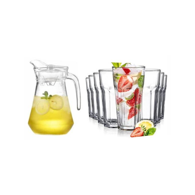 6 Drinking Glasses And 1 Jug Pitcher For Serving Drinks And Cocktails-Transparent