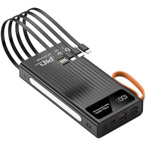 Portable Power Bank Of 30000mAh For Fast Charging With Torch And 4 Cables-Black/White