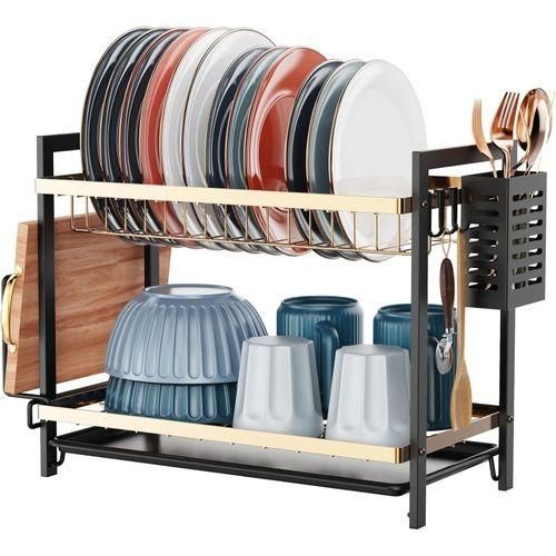 2 Tier Dish Drying Rack Bowl Plate Drainer With Drip Tray, Sink Draining Board Utensil & Cutting Board Holder for Kitchen Counter, Space Saving Kitchen Organizer- Multicolor