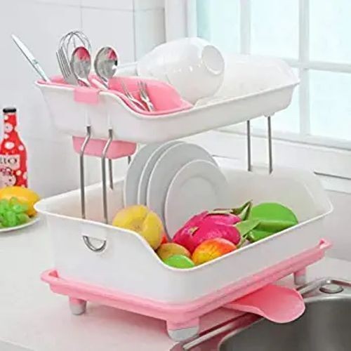 2 Layer Plastic Dish Drying Draining Rack Storage Tray- Multi-colour.