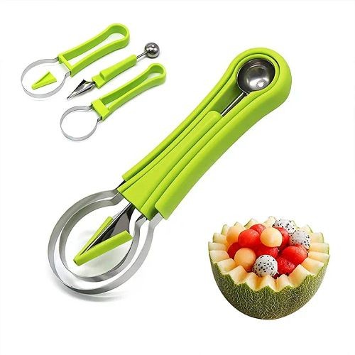 Melon Baller Scoop Set 4 In1 Stainless Steel Watermelon Cutter For Fruit Slicer Dig Pulp Separator Pumpkin Carving Kit - Green