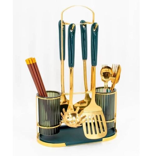Kitchen Utensil Holder Countertop 2 Cups Cooking Cutlery Rack For Fork Spoon Knife Spatula- Green.