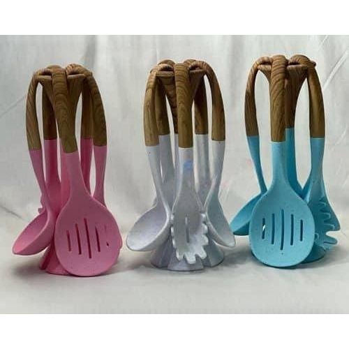 1 Set Ultimate 6-Piece Silicone Cooking Spoon Serving Utensil Laddles And Stand