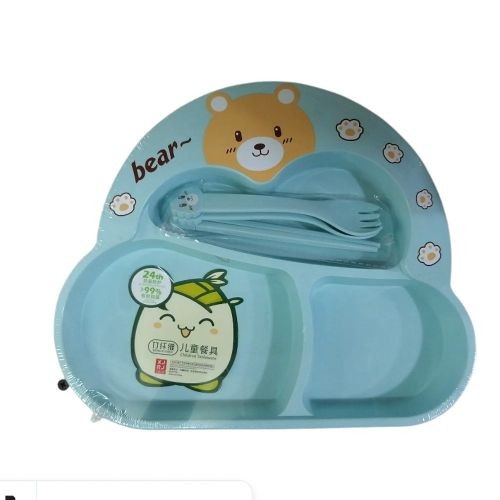 Baby Food Bear Children Plate Baby Training Bowl Dinnerware Set Kids - Blue.