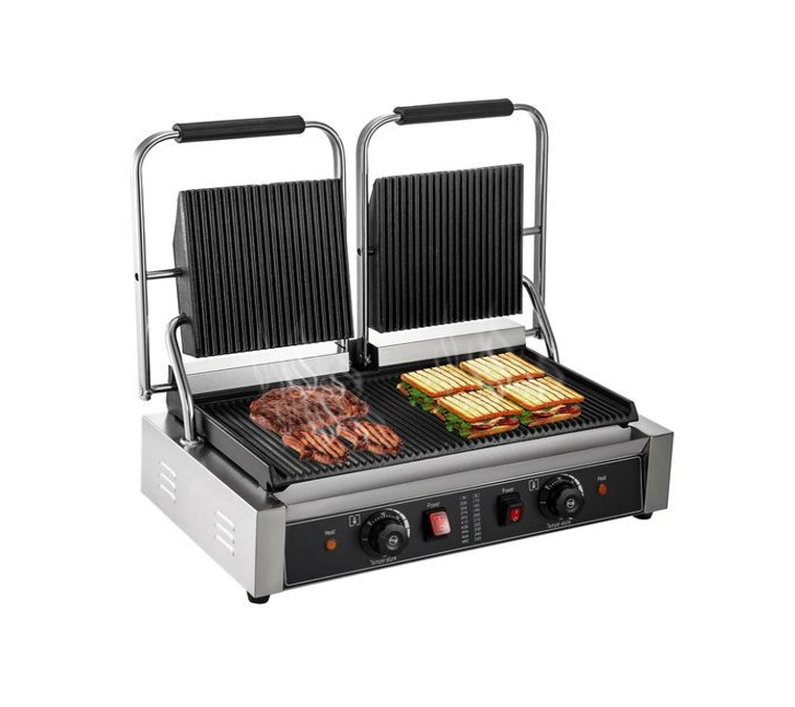 Electro Masters Commercial Panini Press Grill With Grooved Grill Sandwich Maker Machine Electric Contact Grill Single (Double Grooved Top And Bottom) - Multicolor
