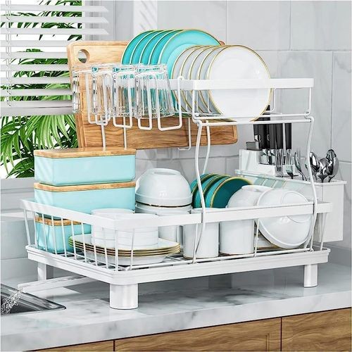 Dish Drying Rack, 2 Tier Dish Racks For Kitchen Counter Dish Drainer With Drainboard Set, Utensils Holder, Glass Holder, Rustproof