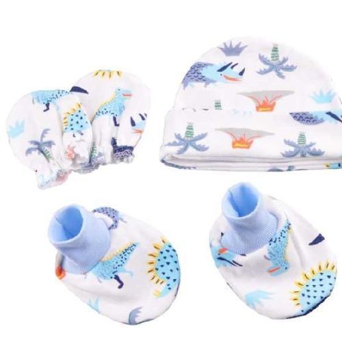 Baby Cotton Cap,Mitten & Booties Set - Blue Multiple Designs
