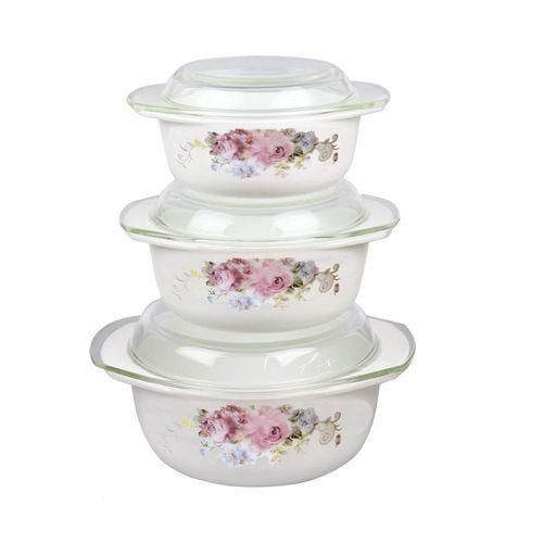 3 Pc Multi-print Ceramic Casserole Serving Dishes Bowls, White.