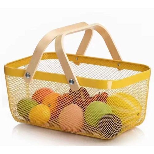 Rectangle Metal Mesh Fruit Basket Shopping Wooden Handle Storage Bin- Multi-colour.