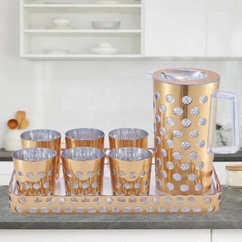 Drinking Plastic Water Set 1 Jug 6 Pieces Tumbler Cups Combo With Tray for Dining Table, Serving Pot Kettle