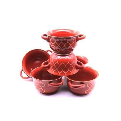 6 Pc of Soup Bowls With Handles - Red
