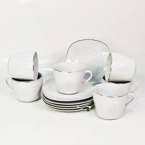 12 Piece Gold Line Diamond Cut White Cups And Saucer Coffee Cup Set For 6 Person Espresso Cup Cuppuccino Mug Set Gift Drinkware -White