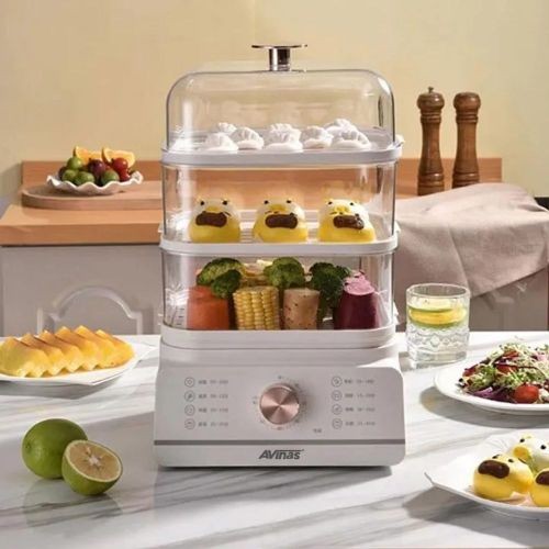 Avinas 3 Layer 16L Electric Food Cooking Steamer Pot With Display, Timer Fuction- Clear.