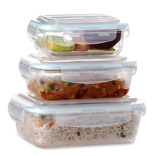 Borosilicate Glass Containers with Lids, 3 pcs Set (370ml, 640ml &1040ml), Microwave Safe, Oven Safe, Freezer Safe, Baking Dish, Rectangle, Baking Tray Transparent -Clear