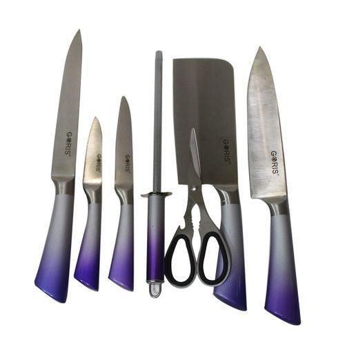 Purple Handled Knivies Set On Metallic Stand - Purple