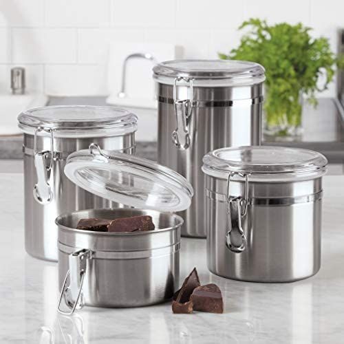 4-Piece Stainless Steel Canister Storage Tins With Acrylic Lid, Silver.