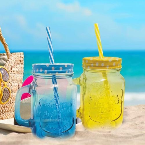 6 Piece BPA free Gradient Mason jar of milk tea cup Juice tumbler kettle Metal cover with a straw size straw-Q