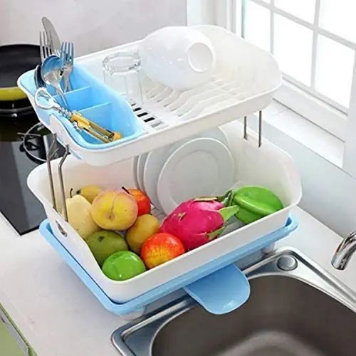 2 Layer Plastic Dish Drying Draining Rack Storage Tray - Blue