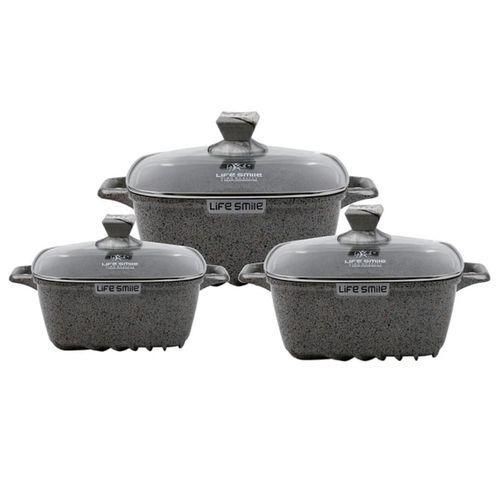 3 Piece Square Lifesmile Non-stick Saucepan Cookware Pots, Grey.