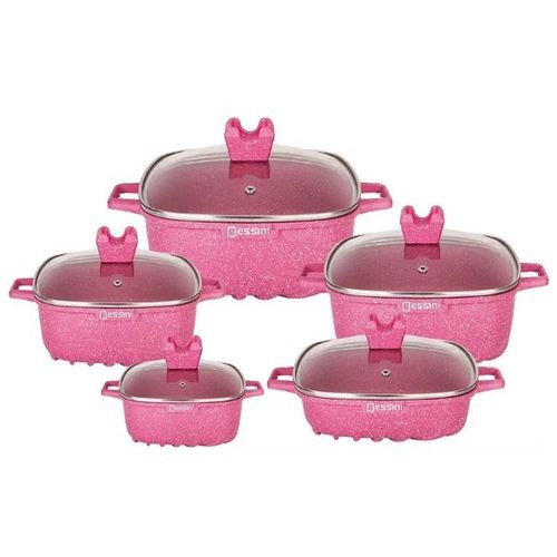 10 Pieces Square Granite Non-Stick Serving Dishes Saucepans Cookware - Pink .