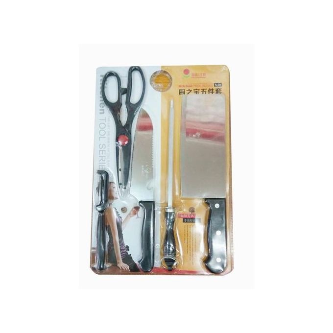 6Pc Knife Set With Chopping Board And Peeler-Black/Silver