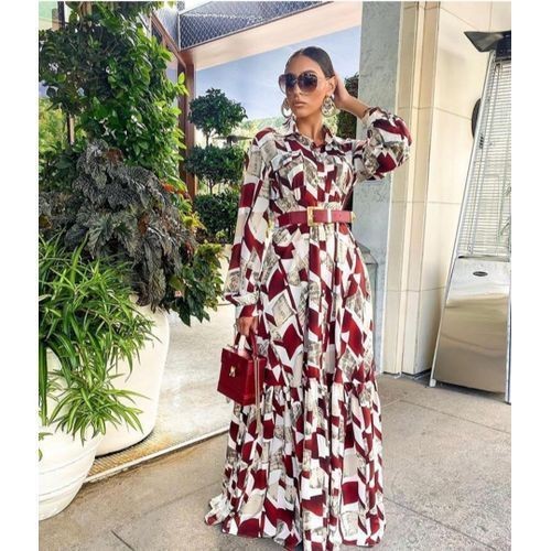 Women's Elegant Maxi Long Sleeved Collar Dress - Maroon