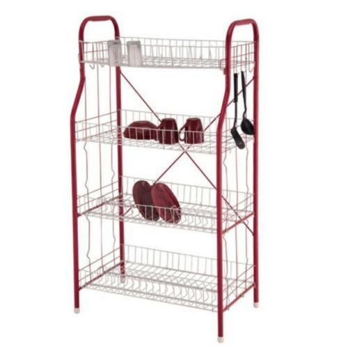 4 Tier Stainless Steel Cups Plate Drying Dish Draining Storage Rack, Red