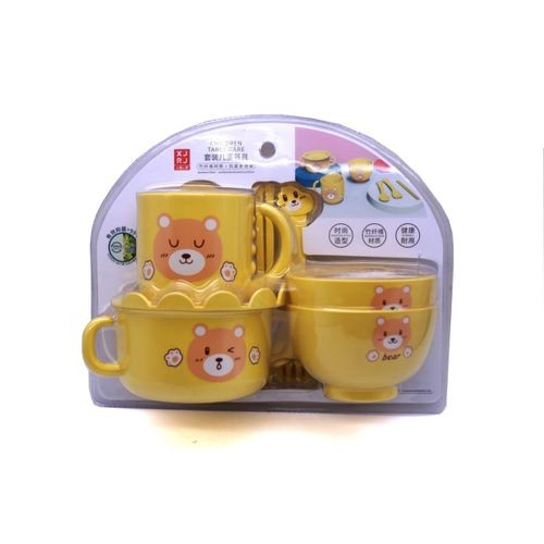 7 Piece Children's Dinner Set Dish Cup Bowls Spoon, Fork Gift Pack- Yellow.